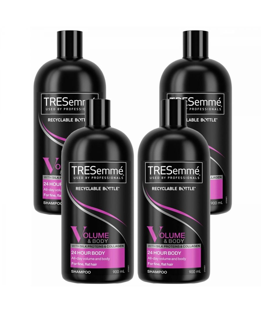 TRESemme 24-Hour Body Shampoo volumizes your hair, giving it a perfect boost for a gorgeous, healthy body.\nMake a statement this season with voluptuous, voluminous styles that last and last with the 24-Hour Body Collection from TRESemme. Formulated with a unique Volume Control Complex, the 24 Hour Body Collection of hair care is specifically designed to lift, plump, and boost the body, particularly for fine, flat, or limp hair types, without adding weight.\n \nTo create and maintain head-turning high styles use the 24 Hour Body shampoo followed by the 24 Hour Body conditioner, enriched with Collagen, Silk Proteins, and the TRESemme Volume Control Complex to help build an all-day-long lift and shield the style from humidity.  The shampoo is effective at removing product build-up yet gentle enough for everyday use, whilst the conditioner smoothes and replenishes to make hair manageable but without weighing it down.  \n\nFeatures:\n\nLet your hair bounce back, bold and full\nThe volumizing shampoo gives a big body and holds, letting you achieve all the dramatic styles you desire\nMade with a volume control complex and silk protein\nHelp keep your hair from falling flat while providing an ideal level of conditioning\nFormulated to be light enough for daily use\n\nIngredients: Aqua (Water), SodiumLaureth Sulfate, Cocamidopropyl Betaine, Sodium Chloride, Citric Acid, Collagen, Disodium EDTA, Isopropyl Alcohol, Parfum (Fragrance), Polyquaternium-10, PPG-6, PVP, Silk Amino Acids, Sodium Acetate, Sodium Benzoate, Sodium Hydroxide, VP/Methacrylamide/Vinyl Imidazole Copolymer, Benzyl Alcohol, Butylphenyl Methylpropional, Geraniol, Hexyl Cinnamal, Limonene, Linalool.\n\nBox Contains: 4x Tresemme 24H Volume & Body Shampoo, 900ml