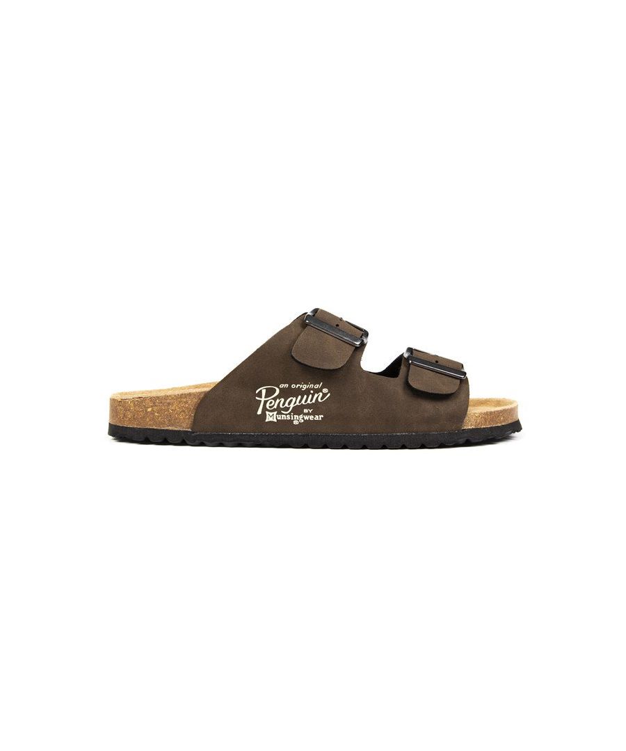 Lend some sophistication to your footwear collection with these mens twin buckle sandals from Penguin Original. A stylish brown upper with a super comfy contrasting cork footbed provides the support to get you around with all the right looks whatever the occasion may be. These sandals from Penguin Originals are the ideal staple sandal, the design features an open toe with twin buckle fastening straps and a durable rubber sole. These sandals are great for any adventure, ensuring youre both comfortable and stylish no matter what the occasion.\n - Soft touch synthetic upper\n - Twin buckle strap\n - Cork effect midsole\n - Cushioned footbed\n - Durable rubber outsole\n - Penguin Original branding\n Please Note: These sandals are supplied polybagged (without box)