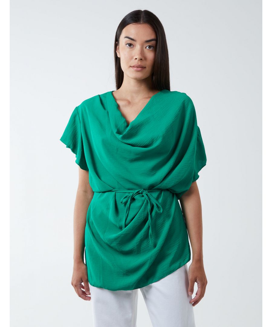 Update your wardrobe with this cowl neck top. Featuring oversized shirt shape and tie waist, it's perfect for a picnic in the park. Team with flat shoes for a day to day look.