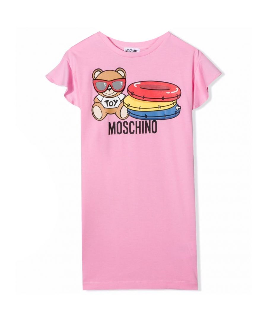This dress for girls by Moschino, from the brand's SS22 collection. Made in a cotton blend, the dress comes in a pretty pink hue and has a rounded neckline with frill-trim sleeves. To the front, there is bear logo detailing with adjustable glasses. In length, the dress reaches the knee.\n\n95% cotton / 5% elastane