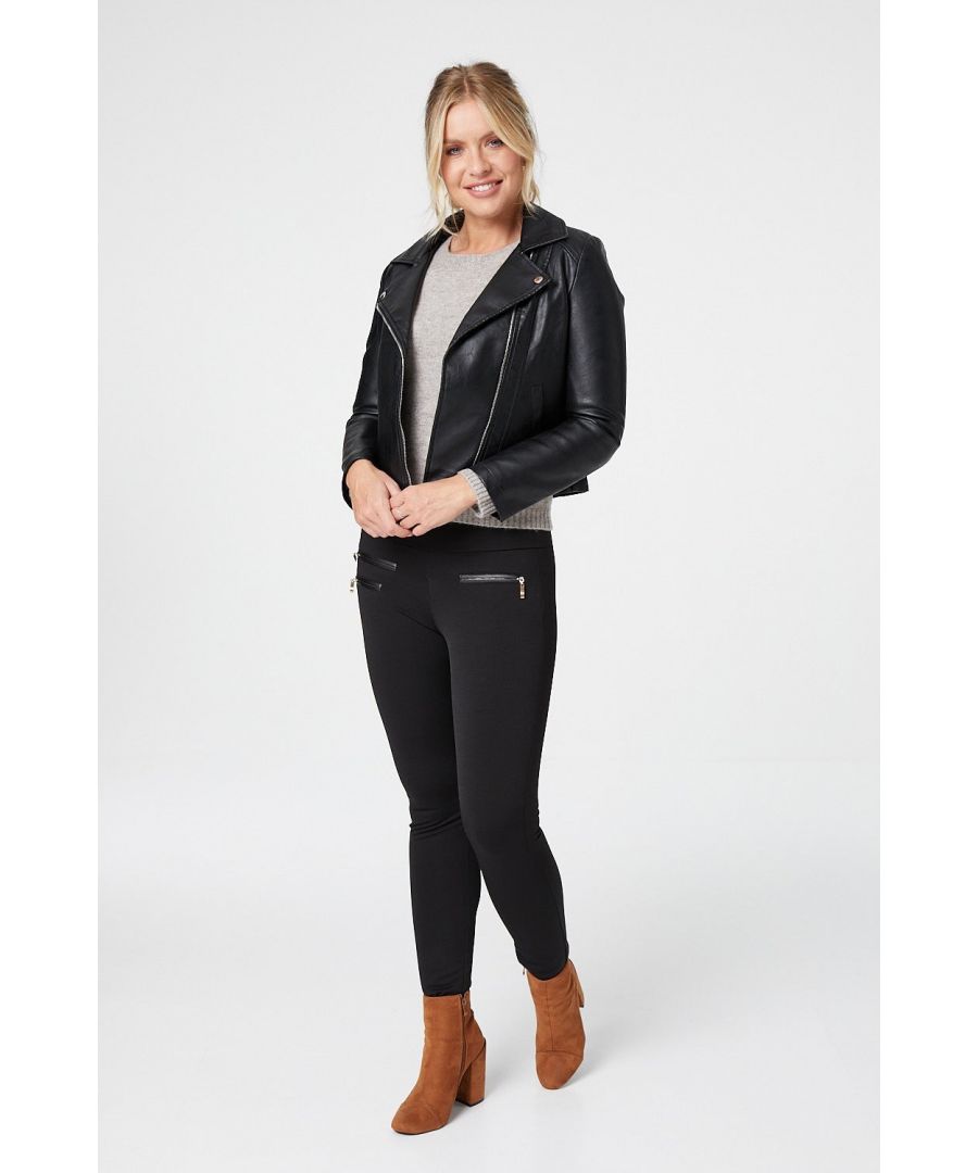 Every collection needs a classic biker jacket like this faux vegan leather style. With a zip front, v-neck front, notched lapel and classic collar, long sleeves and a cropped fit. Pair with almost anything! From jeans and a slim fitting knit jumper and heeled boots to a floral midi dress and knee high boots.