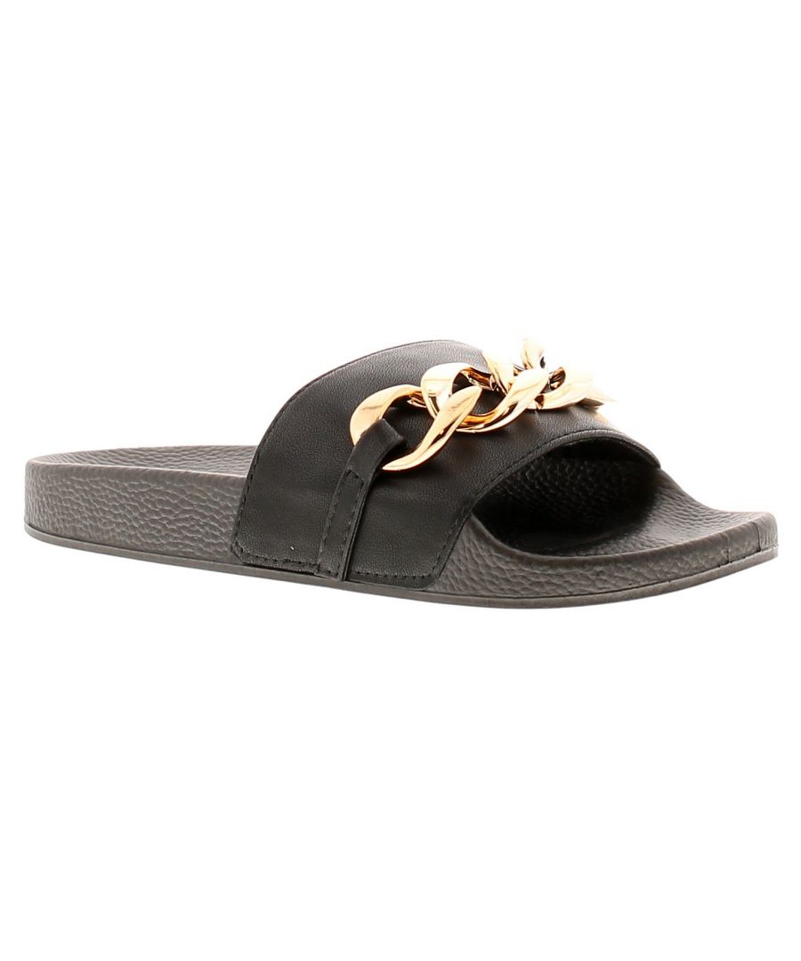 Miss Riot Girls Sandals Sliders Chain Black. Manmade Upper. Manmade Lining. Synthetic Sole. Older Girls Slider With Large Chain Link Trim.