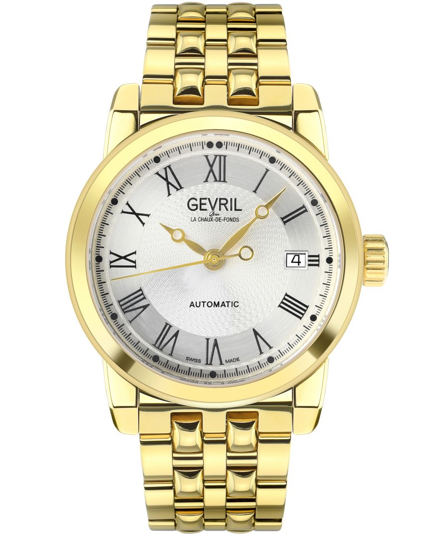 Like a fine suit or smooth scotch, Gevril’s Madison Collection proves straightforward and sophisticated always wins. Like Madison Avenue itself, luxury prevails in the sleek 39mm round Stainless Steel Case with an Exhibition Back. Whether on Italian leather or Stainless Steel bracelet with deployment buckle, the Madison man is bold, authoritative and decisive. Precision-ready construction is water resistant up to 50 meters.  Perfect for the real life Mad Man, the Madison Collection demands attention. \n\nGevril 2575 Men's Madison Swiss Automatic Watch\n\nGevril Men's Swiss Automatic from the Madison Collection\n39mm Round IPYG Case Silver Dial with Exhibition Case Back\nDate at 3 o'clock-Limited Edition\nScrew Down Crown\nSS IP Yellow Gold Bracelet with Deployment Buckle\nAnti-reflective Sapphire Crystal\nWater Resistant to 50 Meters/5ATM\nSwiss Automatic Movement Sellita SW200