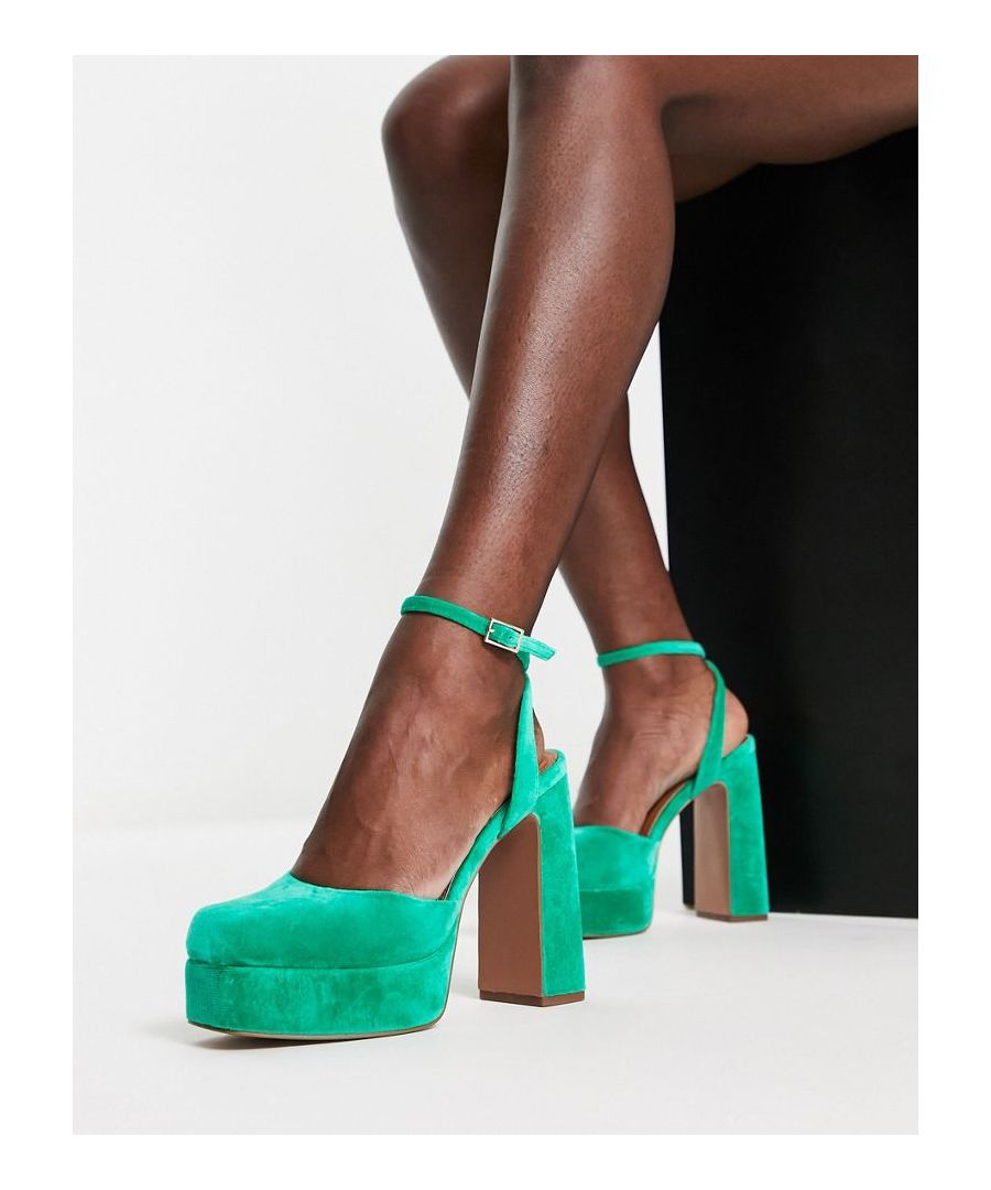 Heels by ASOS DESIGN Add-to-bag material Adjustable ankle strap Pin-buckle fastening Round toe Platform sole High block heel Sold by Asos
