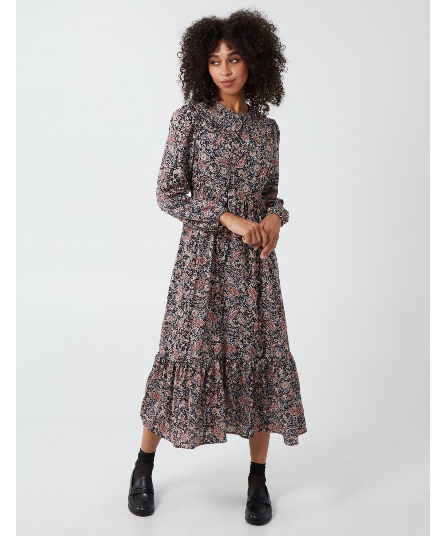 This gorgeous midi-style dress is an effortlessly easy way to update your wardrobe. Made in a comfortable soft fabric, this on-trend paisley print dress features an elegant collar and frill hem. Match with wedges for day to day outfit., \n100% Polyester, Machine washable, Collared neckline, Long sleeve, Approx length 117 cm, Back zip fastened