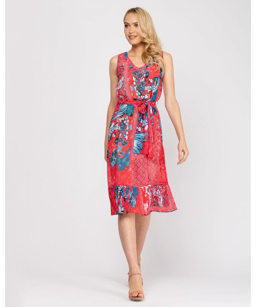 Our dress features a floral print that creates a magical interplay between the pink and blue colour of the garment. Its main feature is in its patterned lining, because the interior matters to us too. The V-neck, elasticated waistband, and impressive, delicate pleat work on the ruffle hem make this garment irresistible. Perfect for a day at work, for a drink with friends or for any event where you want to attract attention. The model is 178 cm tall and is wearing a size 38.