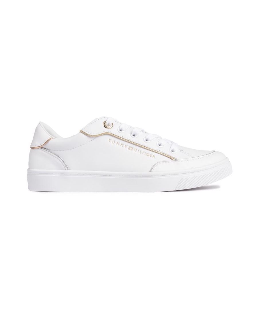 Womens white Tommy Hilfiger metallic piping trainers, manufactured with textile and a rubber sole. Featuring: cup sole, branding to the quarter, gold hardware, flag heel branding and metallic detail.