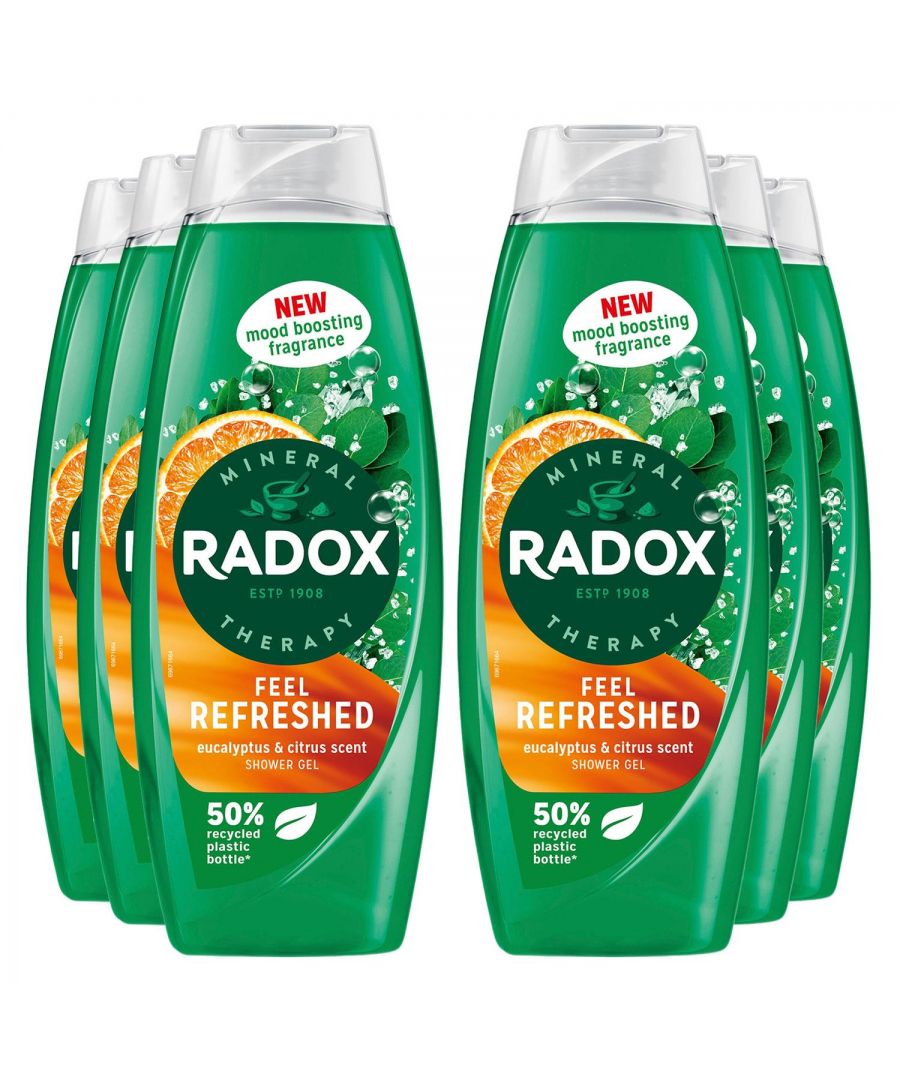 RADOX Mineral Therapy Feel Refreshed Shower Gel’s mood-boosting fragrance combines the awakening scent of eucalyptus with the zesty tang of citrus oil to make you feel delightfully refreshed. This reviving skin cleanser features our unique blend of 4 minerals and 13 herbs, which activates with hot water to transform your shower into a mineral therapy ritual. Suitable for daily use, our body wash rinses off easily, leaving your skin feeling fresh and clean.\n\nRADOX Mineral Therapy Feel Refreshed Shower Gel provides a refreshing shower experience that revives your senses. Our energizing shower gel is made with a unique blend of minerals and herbs which activates with hot water to cleanse and refresh you. Awaken your body and stimulate your mind with RADOX Feel Refreshed Shower Gel, infused with a new mood-boosting fragrance of eucalyptus and citrus oil. Our body wash is suitable for daily use – simply squeeze it out, lather on the body, and indulge in an uplifting shower experience. This skin cleanser is pH neutral and suitable for all skin types.RADOX shower gels come in 50% recycled (excluding cap and label), 100% recyclable, and 100% refillable bottles\n\nHow to use: Apply when showering or bathing. Apply to the skin all over your body and then wash off with hot water. Suitable for everyday use.\n\nSafety Warning: Shower Gel & Body and Face Wash & Body Scrubs Avoid contact with eyes. If contact occurs, rinse thoroughly with water.\n\nBox Contain: 6x Radox Shower Gel Feel Refreshed - 675ml