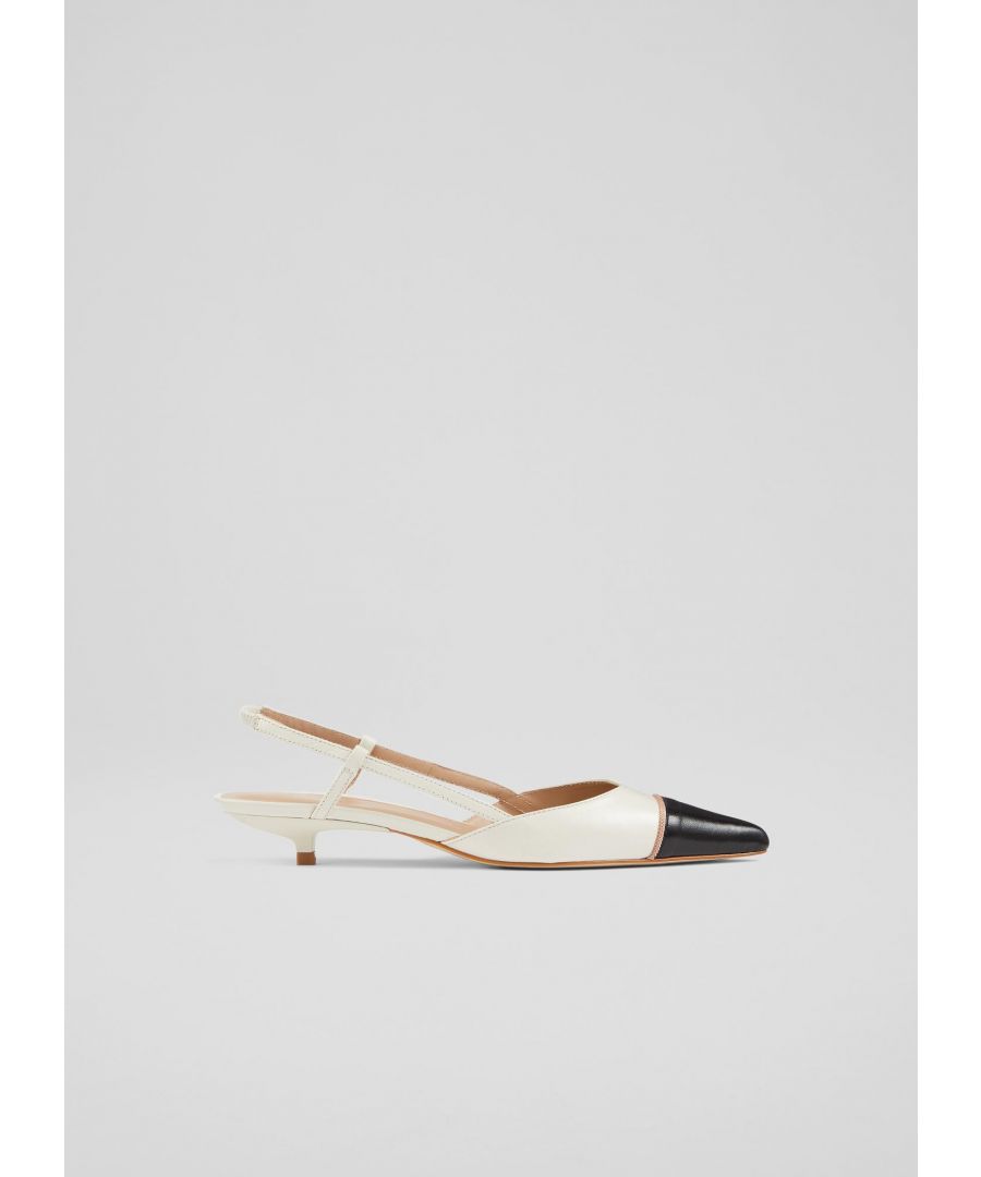 Sleek and stylish, our Madison slingbacks are the perfect summer shoe when you need to feel polished. Crafted in Spain from beautifully-soft cream and black nappa leather, they have a pointed leather toe cap, a pretty pink trim, a slingback strap and a low, 25mm kitten heel. A contemporary classic, they're a go-to style for the occasion season and smart summer days.