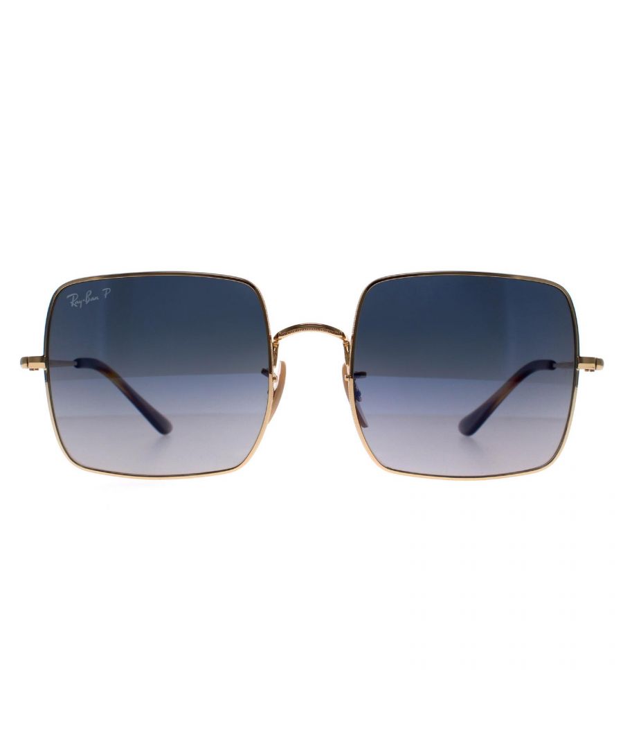 Ray-Ban Square Womens Polished Gold Blue Grey Gradient Polarized Square RB1971  Sunglasses are an oversized square shape with a metal frame. A very different style for Ray-Ban! They're bang on trend as the geometric shape is so popular at the moment. The super slim temples and bridge are a stark contrast against the large lenses. Plastic temple tips and adjustable silicone nose pads guarantee a personalised fit for all day comfort.