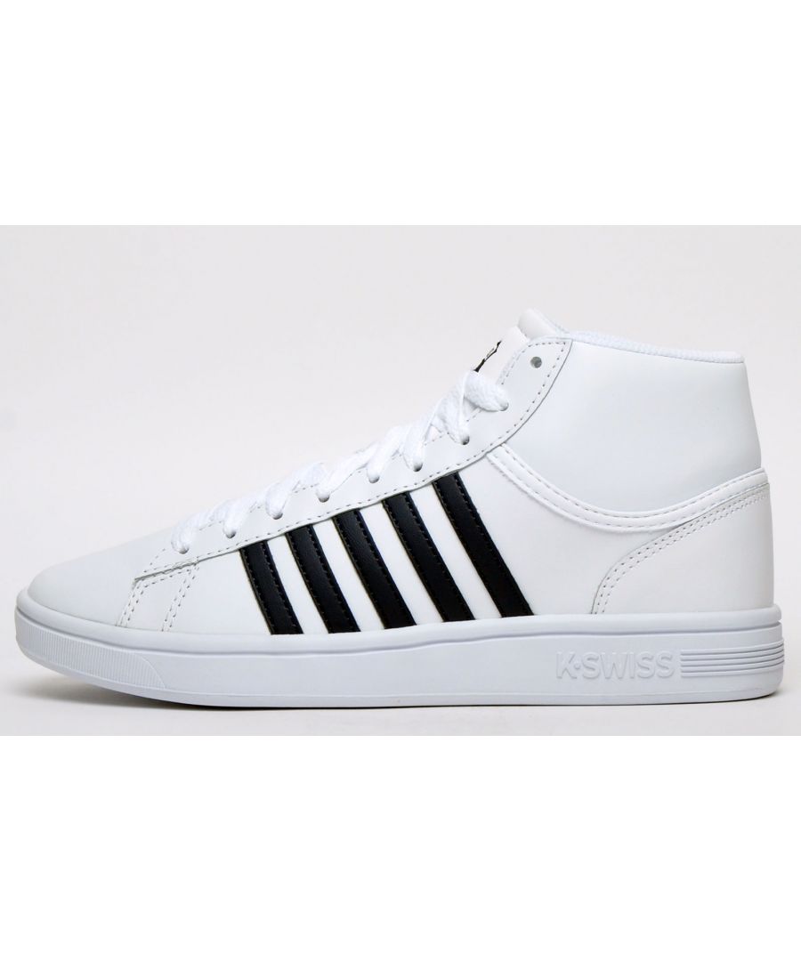This K Swiss Court Winston is a classic court trainer upgraded with a modern mid cut silhouette constructed in a white and navy leather upper with the brand's iconic 5-stripe design adorning the sides with an embroidered shield on the tongue, delivering a pristine designer look which anyone would be proud to wear. \n The Court Winston Mid offers timeless style and a dynamic look.\n - Leather upper\n - Intricate stitch detailing delivers a designer look\n - Cushioned insole for increased comfort and support\n - Up-front lacing system delivers a safe and secure fit\n - Padded tongue and heel collar\n - K Swiss branding throughout.