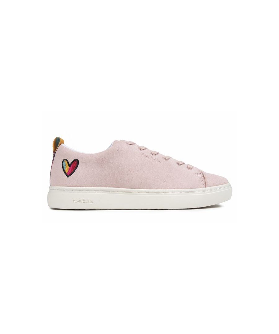 Women's Light Pink Paul Smith Lee Lace-up Trainers With Rainbow Heart Heel Detail On A Soft Suede Upper. These Ladies' Sneakers Have Subtle Branding, Padded Ankle Detail And A Chunky White Rubber Sole For Comfort And Grip.
