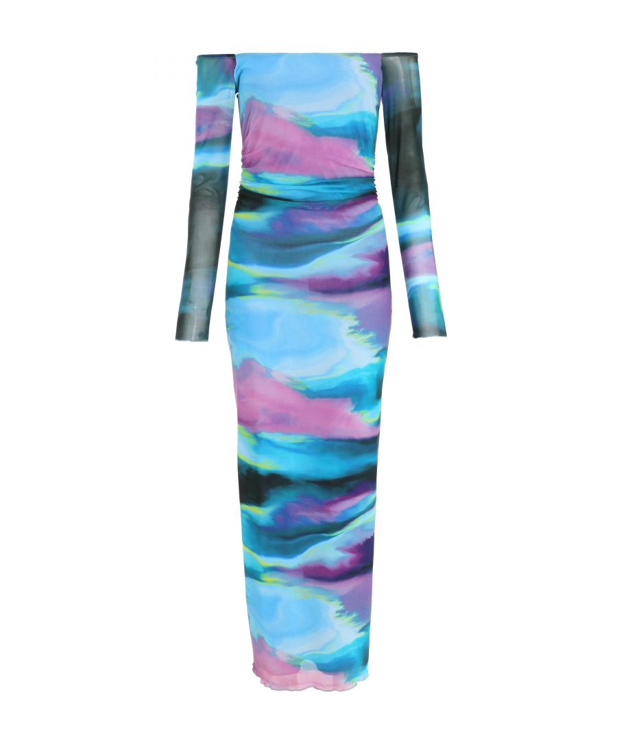 Quiz Womens Blue Abstract Print Mesh Midaxi Dress - Size 10 UK