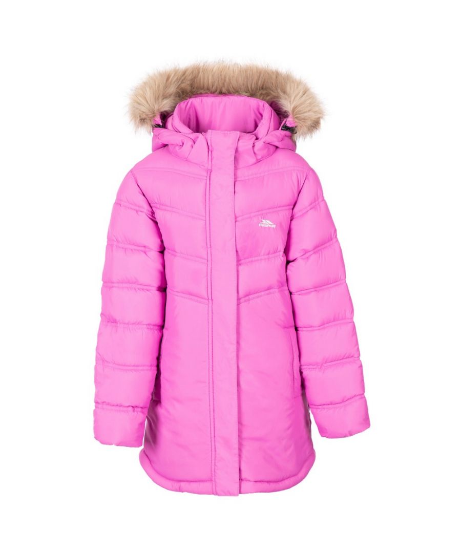 Material: 100% Polyester. Fabric: Woven. Design: Logo, Quilted. Fabric Technology: Water Resistant, Wind Resistant. Neckline: Hooded. Sleeve-Type: Long-Sleeved. Hood Features: Detachable Hood, Faux Fur Trim, Stud Off. Pockets: 2 Side Pockets. Fastening: Full Zip. Hem: High Low Hem.