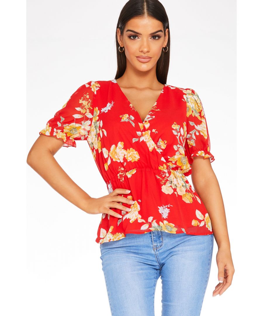  Womens Red Floral Wrap Top - Size 8 Uk