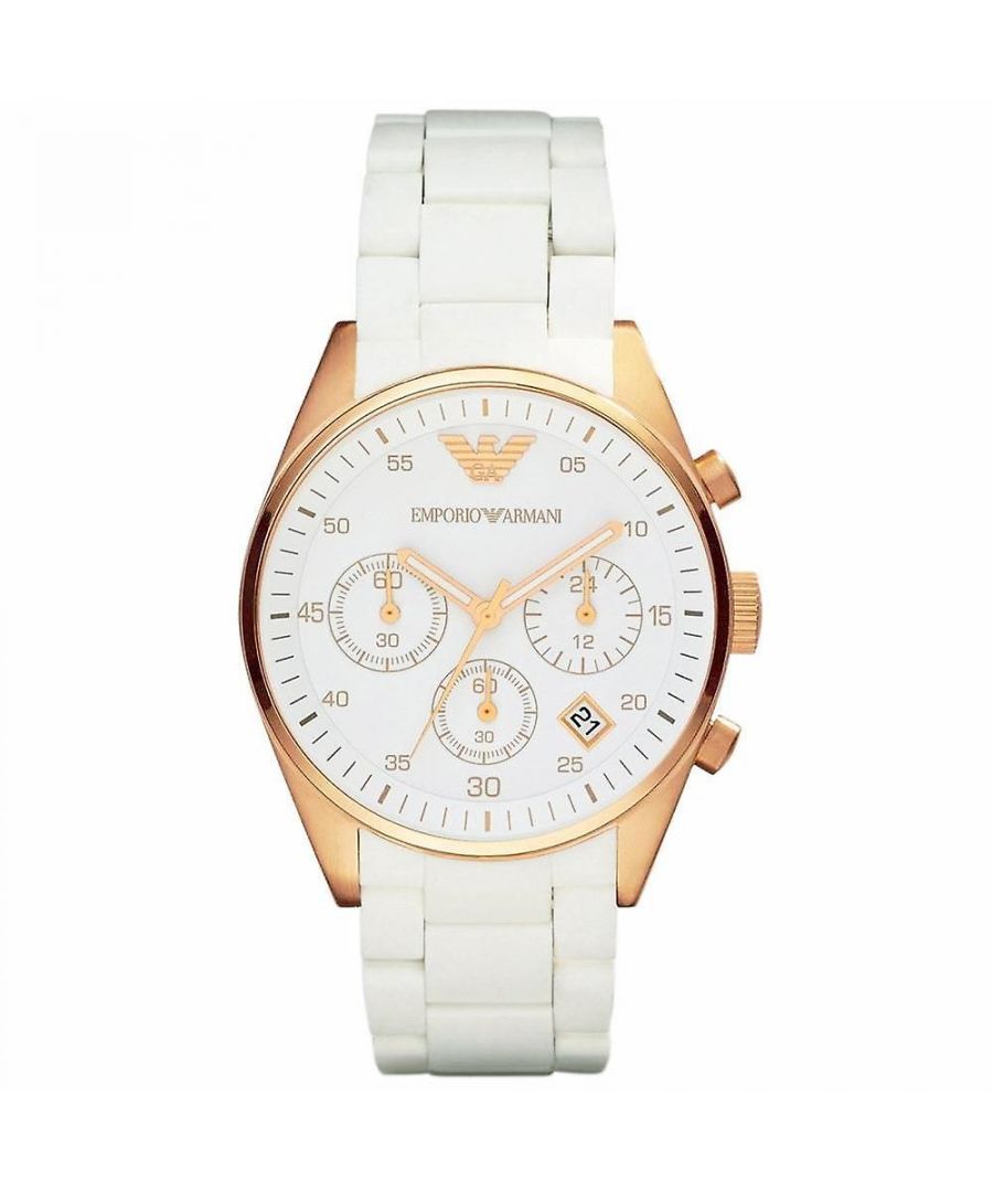 Stylish Ladie's Emporio Armani designer watch with rose gold plated steel detail complements the white band and dial perfectly. This sleek watch is complete with a date window, chronograph sub dials and a Japanese Quartz movement. EAN 4051432081873
