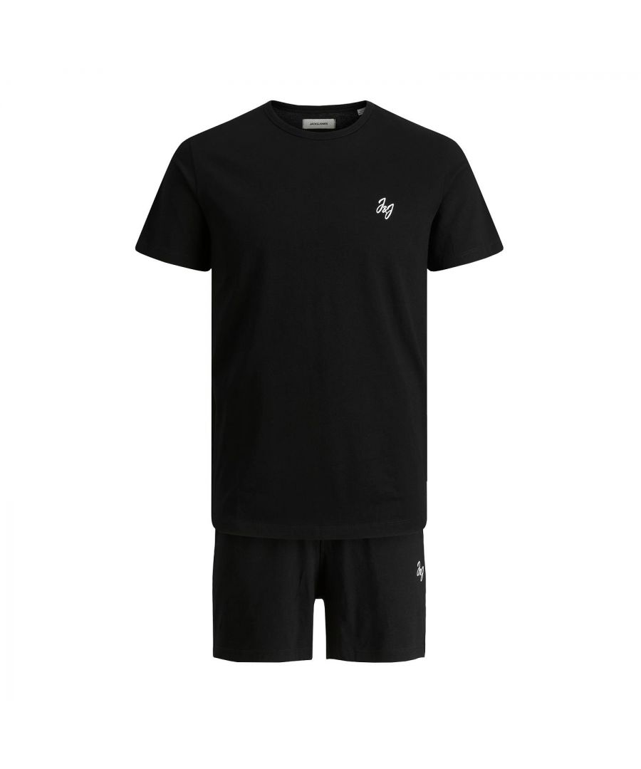 The Cloth Pyjama Set from Jack & Jones comes in Black & Light Grey colour. The t-shirt comes with a printed logo on the chest and a straight hem. The shorts sport a branded elasticated waistband, open pockets, and a logo on the front.\n\nFeatures:\nJack & Jones Black Clota Pyjama Set\n100% Cotton\nShort Sleeve\n\nWashing Instruction:\nMachine wash at max 40°C under gentle wash programme\nDo not bleach\nTumble dry on low heat settings\nHang dry\nDo not bleach, Dry clean (no trichloroethylene)\n\nPackage Includes: Jack & Jones Men's Clota Pyjama Set Tee & Shorts