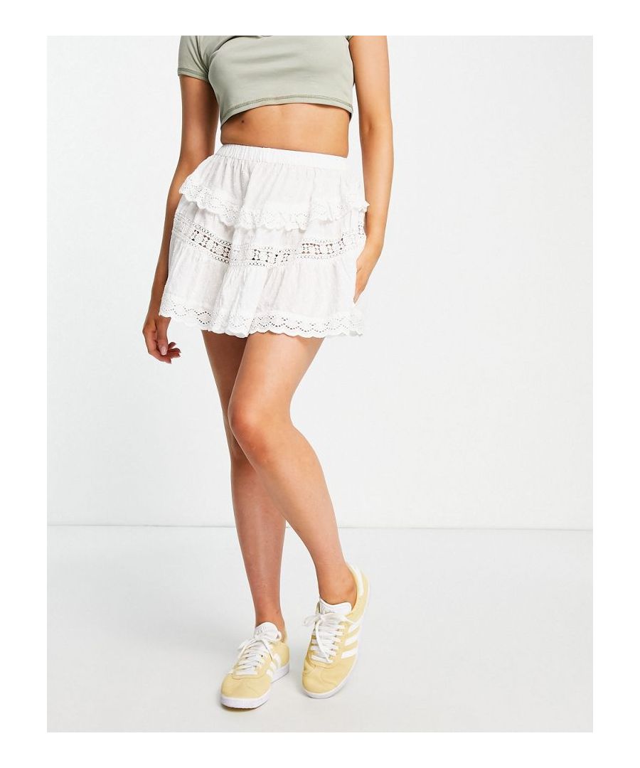 Skirts by ASOS DESIGN Waist-down dressing High rise Elasticated waist Jacquard spot pattern Crochet inserts Lace trims Regular fit  Sold By: Asos