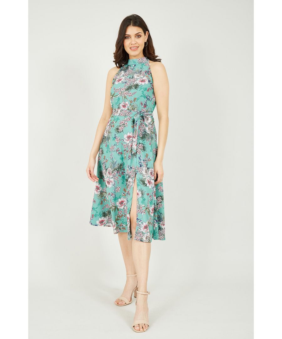 Image for Yumi Sage Green Tropical Palm Print Halter Dress