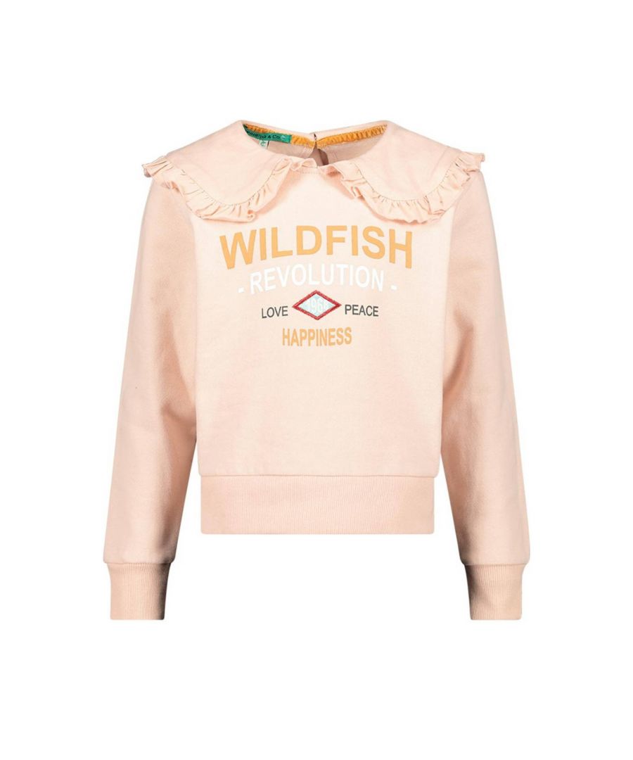Deze sweater voor meisjes van Wildfish is gemaakt van een sweatstof en heeft een tekstopdruk. Het model heeft een peter pan-kraag en lange mouwen.details van deze sweater:stijlnaam: Kiekgeribde boordenruches