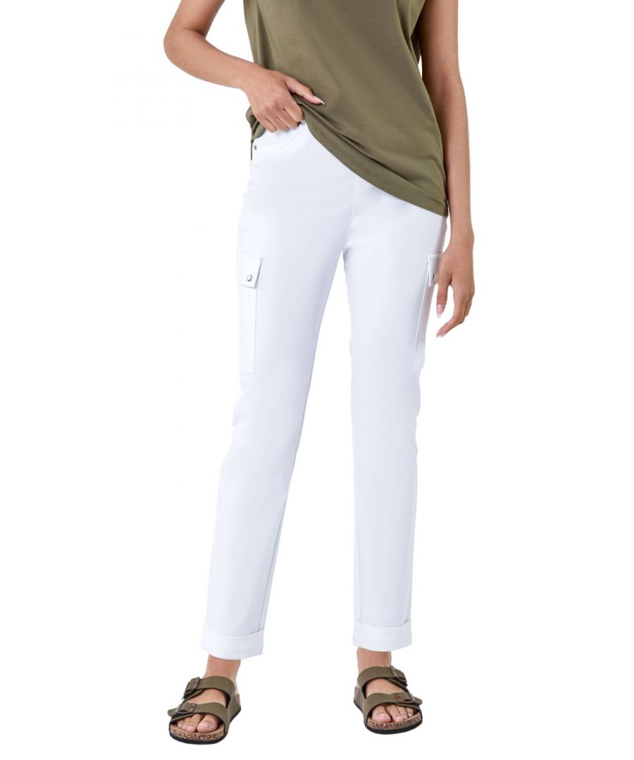 Roman Womens Turn Up Stretch Cargo Trousers - White - Size 12 UK
