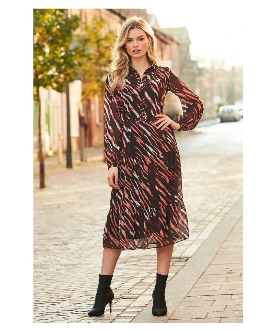 REASONS TO BUY: \n\nNot your average animal print\nAlways on-trend shirt shape\nSexy semi-sheer fabric\nBlouson sleeves, fluted hem, belted waist – it’s all in the detail\nDress it up or down\nAdd tortoiseshell heel ankle boots for a trend double whammy
