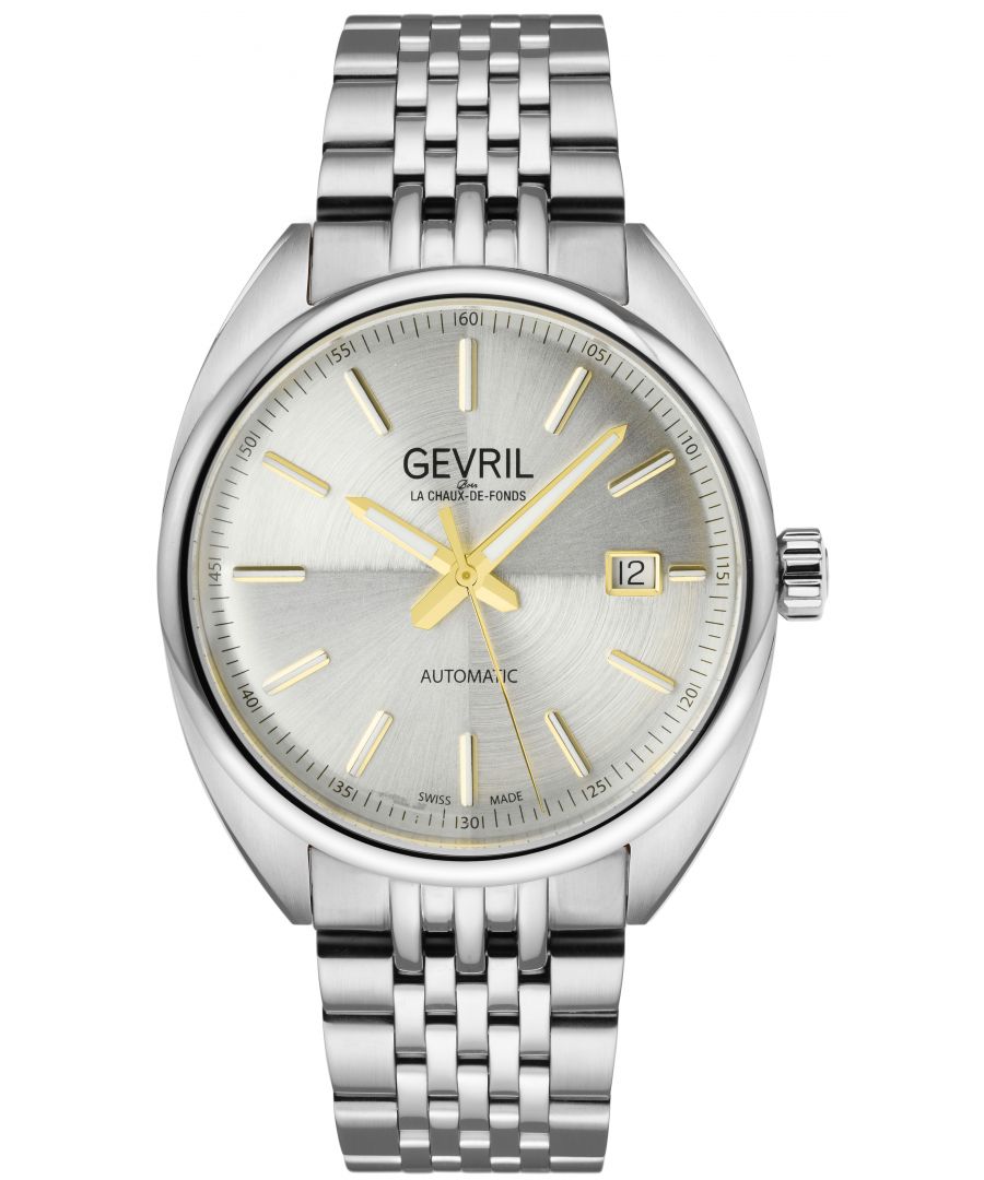Timepieces inspired by the City That Never Sleeps. Designed with the ever-evolving yet iconic architectural landscape of New York in mind, The Five Points Collection by Gevril redefines heritage style with sleek detailing and Swiss-made, automatic movement.  Superior form meets ultimate function as each timepiece is water resistant up to 50 meters, and boasts a stainless steel polished bezel with a push pull crown. Sapphire domed, anti-glare crystal protects a striking dial, equipped with a calendar window and luminous external dots and hands. Track every tick with an exhibition case-back that features a visible rotor. The distinct bracelets and leather straps are available in a series of classic colorways, sure to complement any palette.\n\nGevril 48702 Men's Five Points Swiss Automatic Watch\n\nGevril Men's Swiss Automatic from the Five Points Collection\n40mm Round 316L Stainless Steel Case White Dial with Exhibition Case Back Window\nDate at 3H, Yellow Gold Indices applied on dial, luminous hands\nCase back 4 screws, Push Pull Crown, Polished Bezel, Brushed Case\nAnti-reflective Sapphire Crystal\nWater Resistant to 50 Meters/5ATM\nSwiss Made Automatic Sellita SW200 Movement