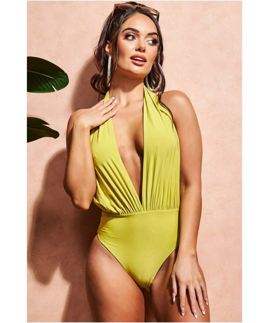 Goddiva Womens Deep Plunge Halter Neck Swimsuit - Lime Green - Size Large