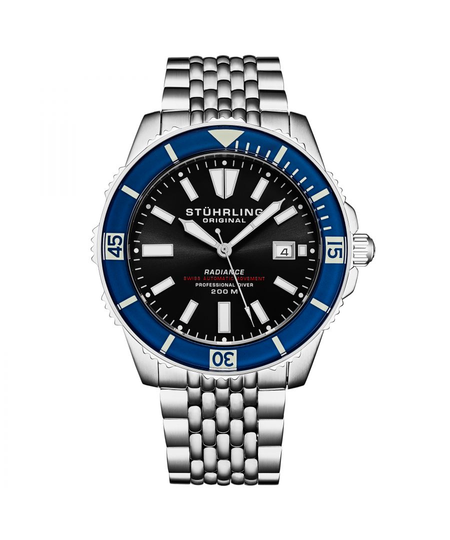 Men's Automatic Dive Watch with Swiss Movement, Stainless Steel Case, Black Dial, blue bezel, Stainless Steel beaded bracelet
