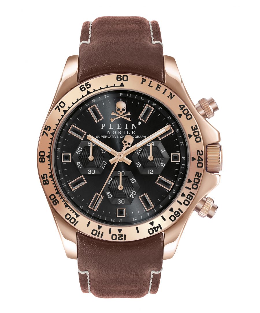 This Philipp Plein Nobile Chronograph Watch for Men is the perfect timepiece to wear or to gift. It's Rose gold 43 mm Round case combined with the comfortable Brown Leather watch band will ensure you enjoy this stunning timepiece without any compromise. Operated by a high quality Quartz movement and water resistant to 5 bars, your watch will keep ticking. This watch has a Sophisticated design together with an iconic shape it defines the exterior of the case. -The watch has a function: Stop Watch, 24-hour Display, Luminous Hands, Tachymeter High quality 21 cm length and 22 mm width Brown Leather strap with a Buckle Case diameter: 43 mm,case thickness: 14 mm, case colour: Rose Gold and dial colour: Black