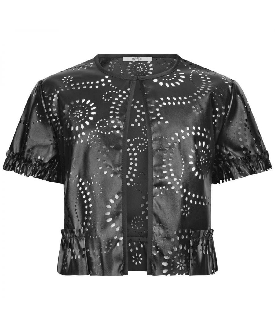 Girls black faux short-sleeve leather jacket from Relish. Features a round collar with concealed clasp closure, laser-cut detailing throughout and ruched trim on sleeves and hem.