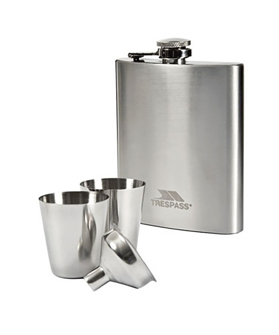 100% stainless steel. 2 small tumblers. Small funnel for decanting. Gift box. Hip flask: 200ml, Tumblers: 30ml.