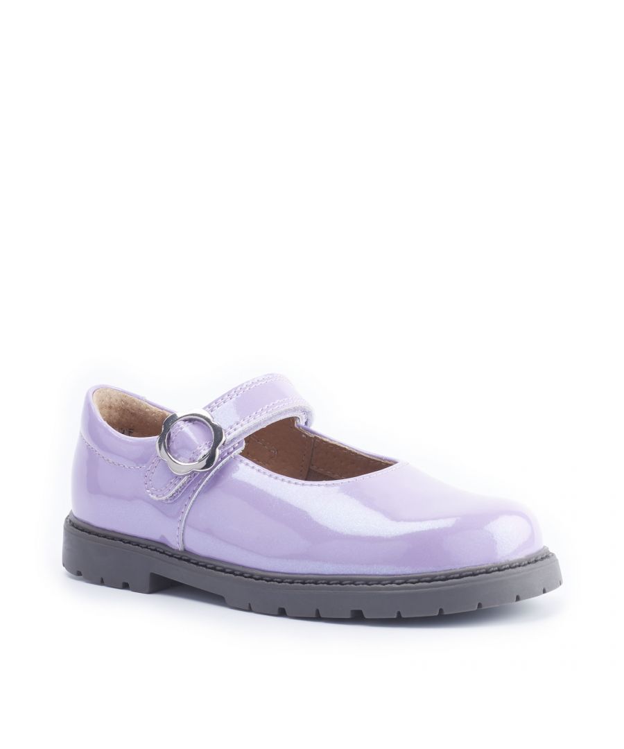 Adorn your little girl’s feet with a sprinkle of magic with these glitter patent shoes. In a gorgeous lavender coloured patent upper, your child will fall in love with the charming flower detailing on the buckle. There’s padded collars for added comfort and support plus a lightweight, flexible sole for happy feet all day long. Leather linings will absorb any moisture and a faux buckle riptape fastening ensures a precision fit.