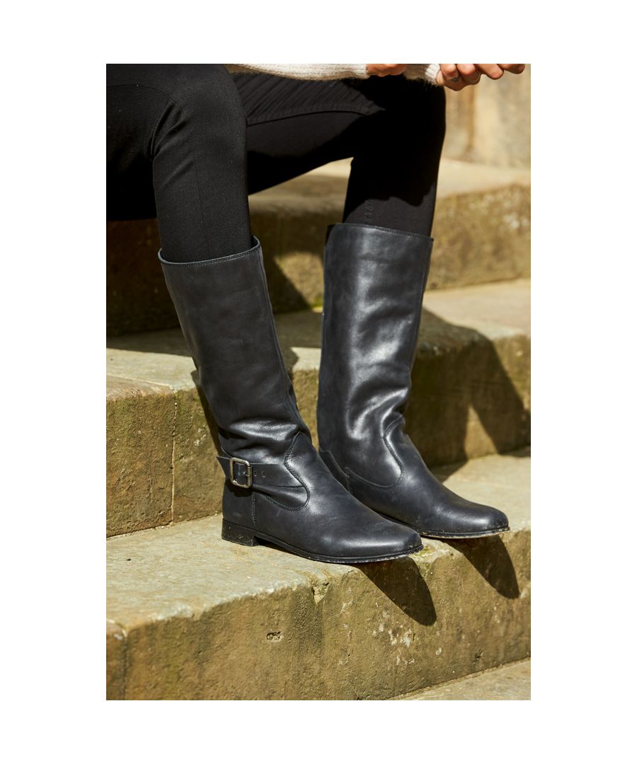 Image for Houston Black Buckle Detail Flat Leather Boot