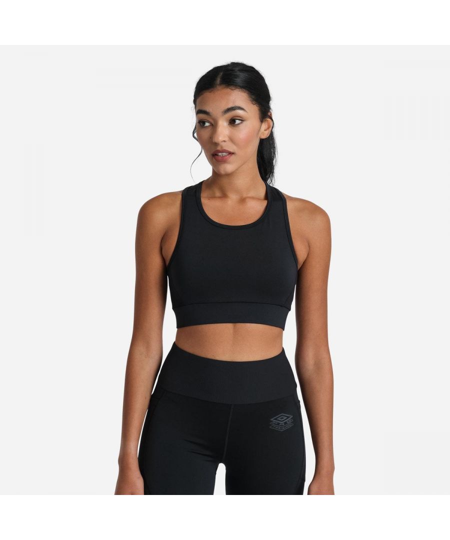 Material: Elastane, Polyester. Fabric: Jersey, Stretch. Design: Logo. Neckline: Crew Neck. Back Style: Racerback. Sleeve-Type: Sleeveless. Fabric Technology: Breathable. Cut Out Label, Elasticated Band, Mesh Panels, Removable Bust Pads. Sustainability: Made from Recycled Materials.