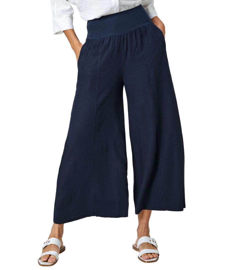 Roman Womens Linen Blend Stretch Waist Culottes - Navy - Size Large