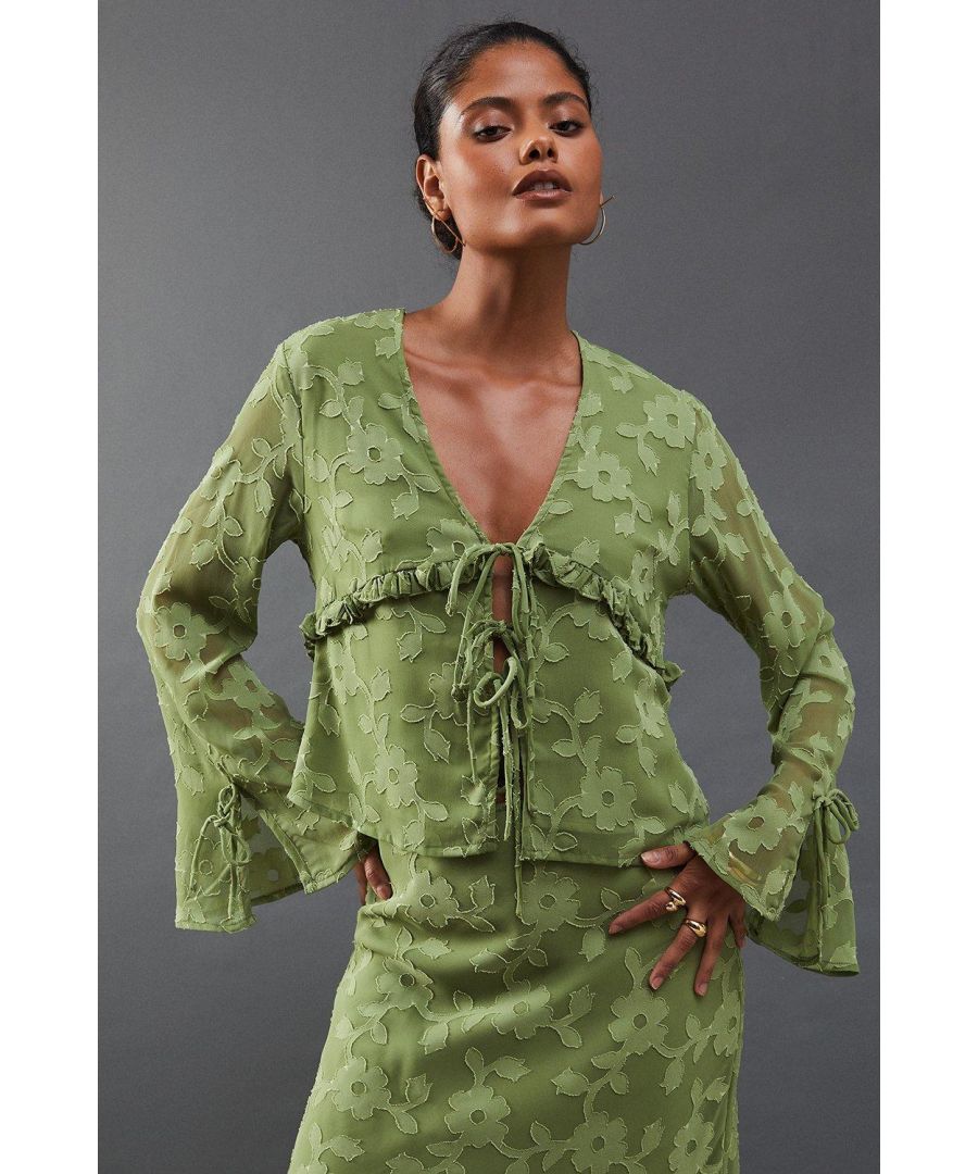 Warehouse Womens Burnout Chiffon Ruffle Tie Front Blouse Co-ord - Green - Size 16 UK