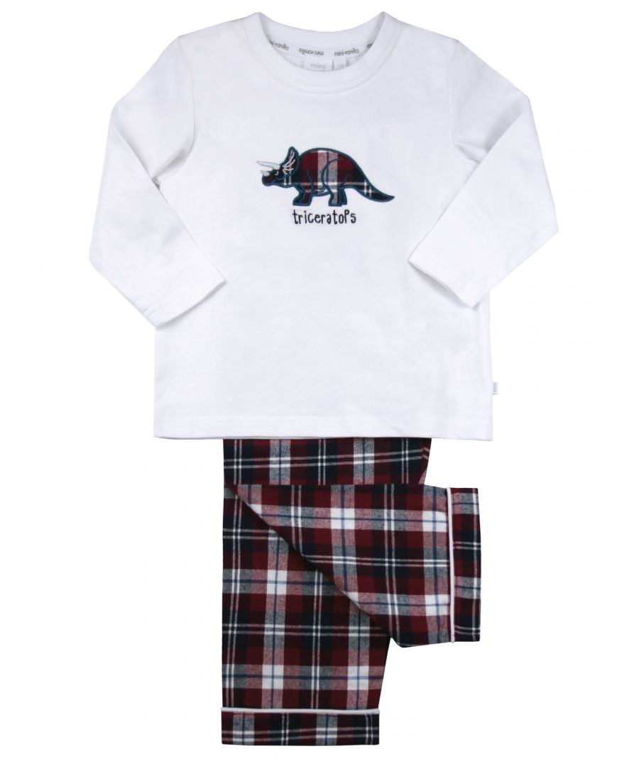 ROAR!! Tartan Triceratops Cotton Pyjamas for Boys\n\nCalling all parents and grandparents...This style is THE perfect Christmas present for your little monster. Classic winter tartan style check soft cotton pyjamas for boys with a white T-shirt and our roaringly great Triceratops Applique. \n\n100% cotton\nMachine Washable\nSuper soft luxury brushed cotton fabric\nTriceratops Applique\nClassic Fit