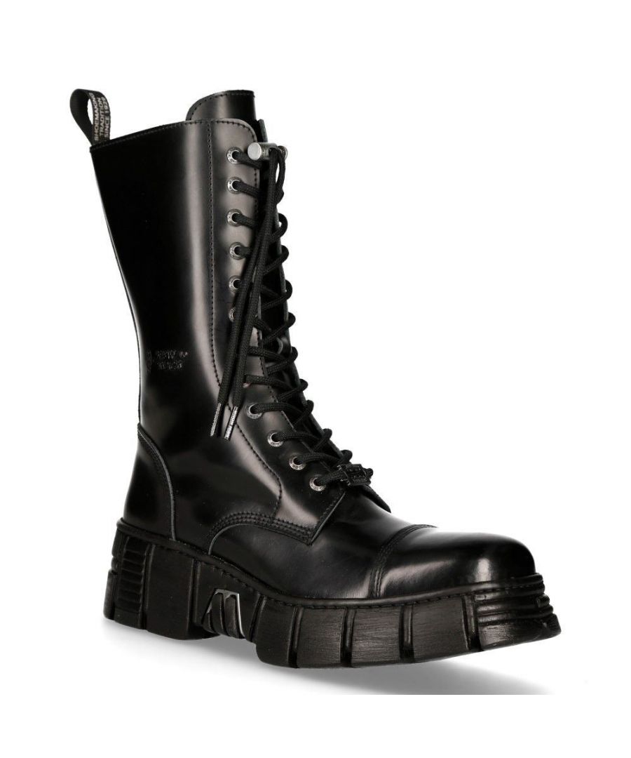 New Rock Unisex Black Leather Mid-Calf Tower Biker Boots-M-WALL127N-C1 - Size EU 37