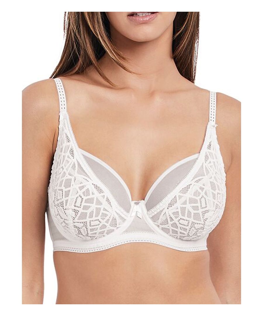 Make a statement in this romantically chic Freya Soiree Lace collection featuring stylish mosaic and geometric style lace with soft mesh panels to create a captivating look.  This sexy balcony bra has sheer stretch cups paired with vertical seams which will provide a natural uplift to the bust without push up.  High Apex styling offers a flattering fit whilst the sheer mesh panels across the top cup adds an alluring touch.  Stitch detail is featured on the adjustable straps and the bra fastens at the back with a hook and eye closure.  Complete with 3 satin bows for a gorgeous finish.