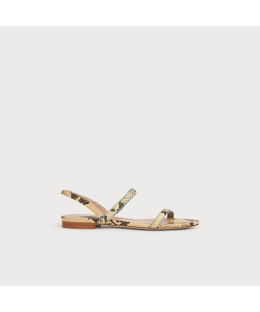 An elegant everyday style, our Rosalie flat sandals are the essence of chic and part of our Reimagine capsule collection. Crafted in Italy from yellow snake print leather with a stylish picot trim in light blue suede, they have a single strap over the toes, one over the foot, a slingback and a wooden stacked 15mm block heel. Wear them when the sun shines with cool cotton and linen pieces.