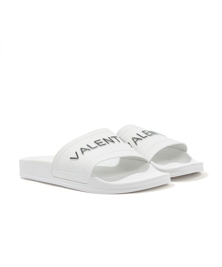 Slip into style with these trendy slides from Mario Valentino, made in Italy and crafted from a lightweight, durable PVC with an easy slip on design. The footbed has been ergonomically moulded to conform to the foot\'s natural shape for extra comfort. Adorned with a raised contrast logo across the upper.PVC Upper & Sole, Moulded Footbed, Contrast Logo, Made in Italy , Valentino by Mario Valentino Branding.