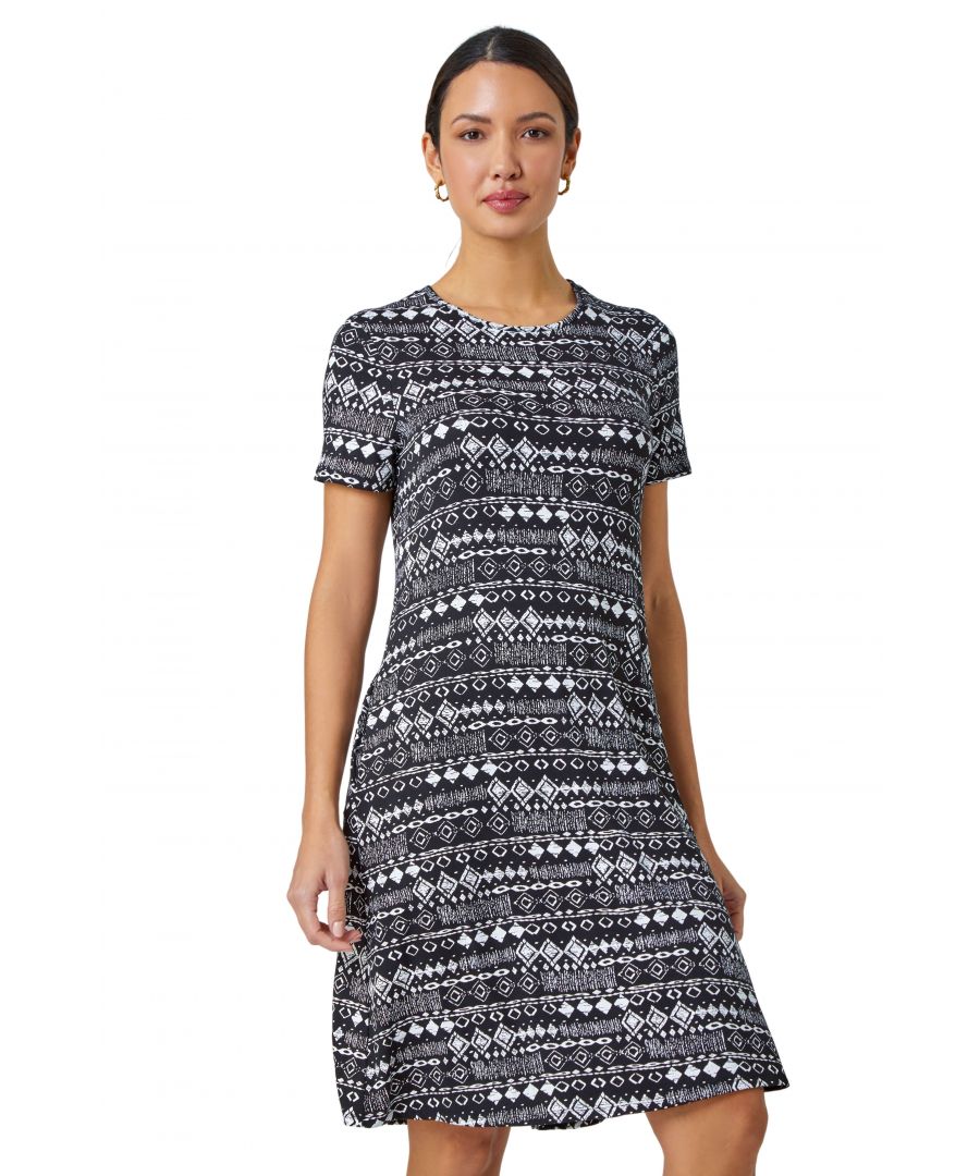 Roman Womens Aztec Print Stretch Summer Dress - Black - Size 12 UK - Secret Sales