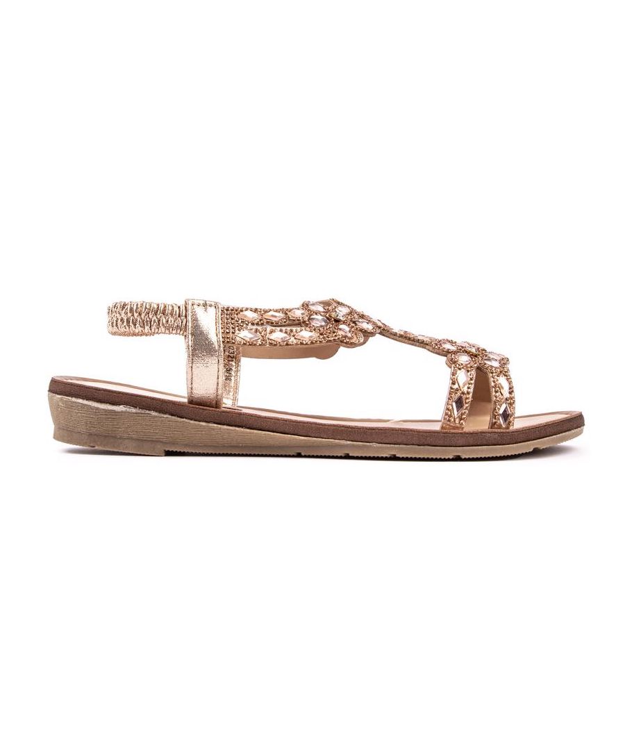 Add Some Glam To Your Carefree, Happy Summer Outfits With These Comfy, Golden Women's Solesister April Flat Sandals Featuring Beautifully Embellished Upper Straps And An Elasticated Heel Strap For The Perfect Fit. These Easy-to-wear Flats Have A Dazzling Look And A Flexible, Slightly Wedged Outsole.