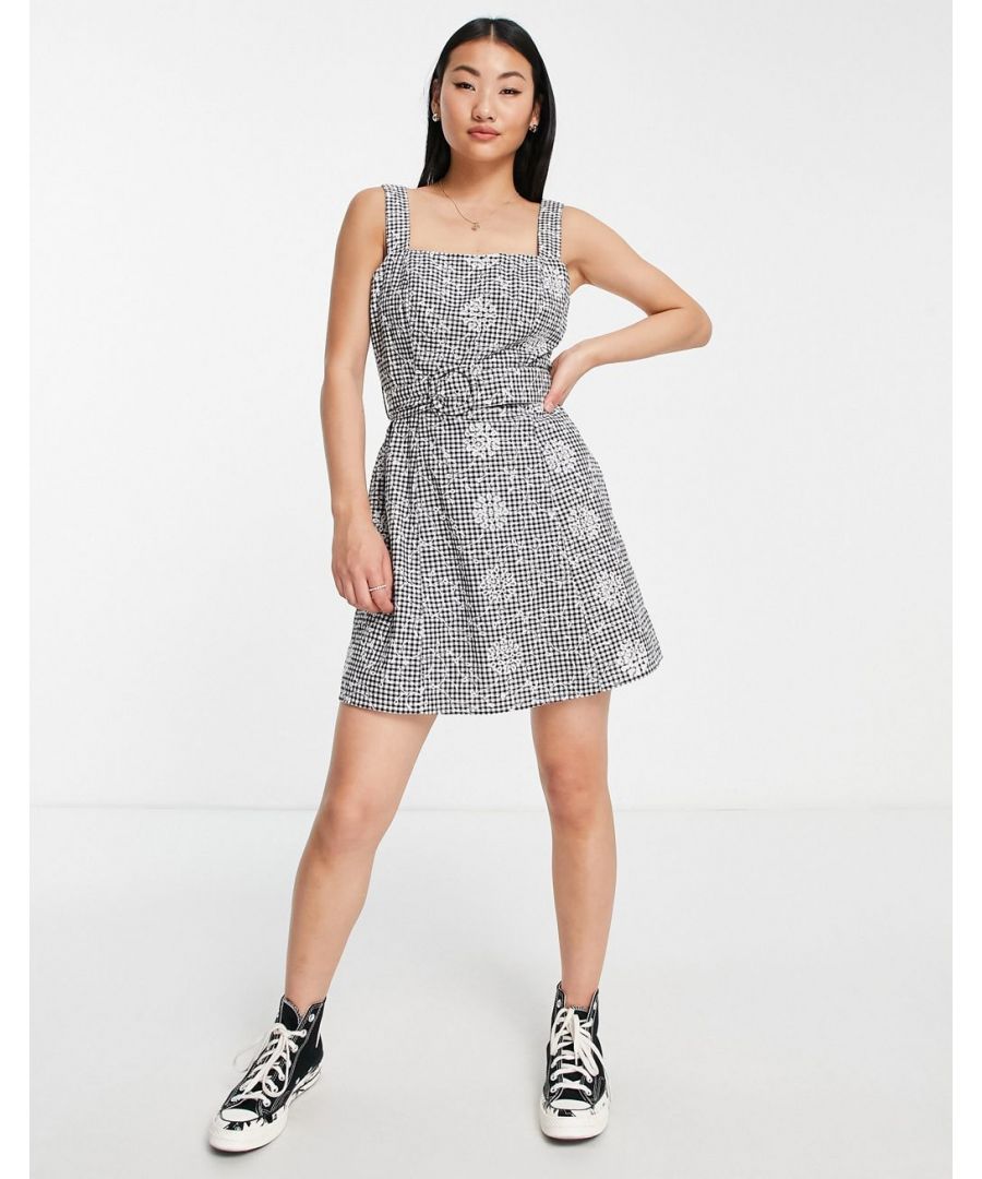 Mini dress by Miss Selfridge The scroll is over All-over floral embroidery Square neck Fixed straps Belted waist Zip-back fastening Regular fit Sold by Asos