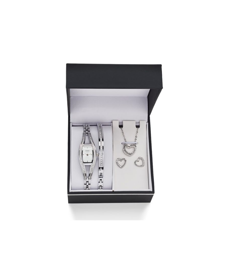 This set would certainly make a superb gift – stylish silver toned plating throughout, this set consists of a crystal open heart necklace strung from an 18 inch chain, matching stud earrings, a channel set crystal bangle, and as the third item, the watch completes the set. The tonneau watch case is solver toned with a crystal set sides, accenting the silver coloured hour markers and hands and silver dial. Presented in a lovely Sekonda box to complete the set.  Band Material: Metal Bracelet; Band Length: Mens Standard; Case Material: Base Metal; Movement Type: Quartz; Case Colour: Silver Tone; Case Shape: Tonneau; Dial Colour: Silver; Display Type: AnalogueWarranty Type: Manufacturer; Warranty Period: 2 Years