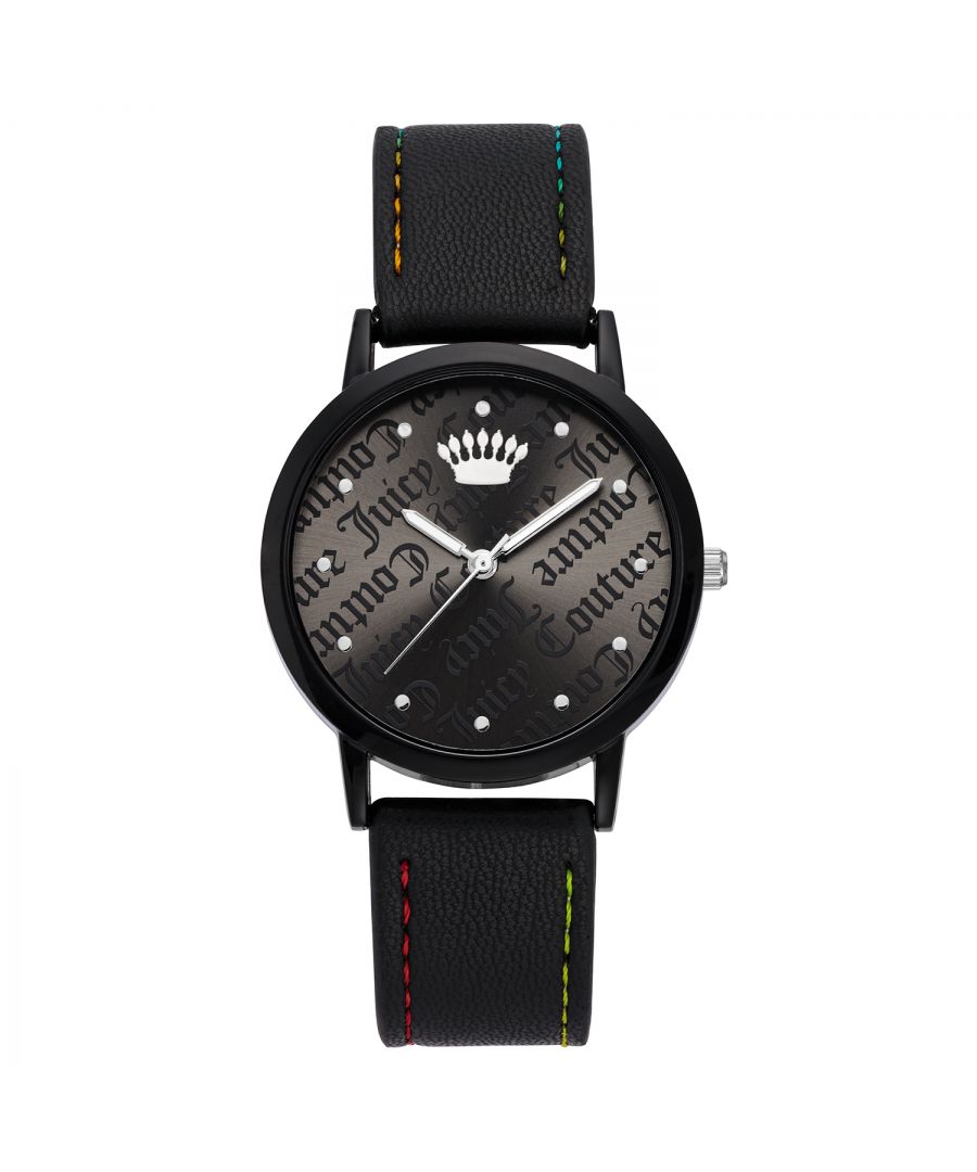 Juicy Couture Watch JC/1255BKBK\nGender: Women\nMain color: Black\nClockwork: Quartz: Battery\nDisplay format: Analog\nWater resistance: 0 ATM\nClosure: Pin Buckle\nFunctions: No Extra Function\nCase color: Black\nCase material: Metal\nCase width: 36\nCase length: 36\nFacing: None\nWristband color: Black\nWristband material: Leatherette\nStrap connecting width: 19\nWrist circumference (max.): 23\nShipment includes: Watch box\nStyle: Fashion\nCase height: 7\nGlass: Mineral Glass\nDisplay color: Gunmetal\nPower reserve: No automatic\nbezel: none\nWatches Extra: None
