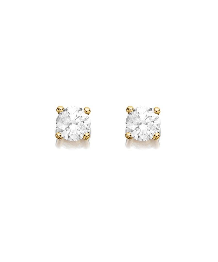 Sparkling 9ct gold stud earrings set with a total of 25 points of diamonds in a classic four claw setting. Suitable for pierced ears. Metal Type: Yellow Gold Metal Stamp: 9 ct (375) Gem Type 1: Diamond