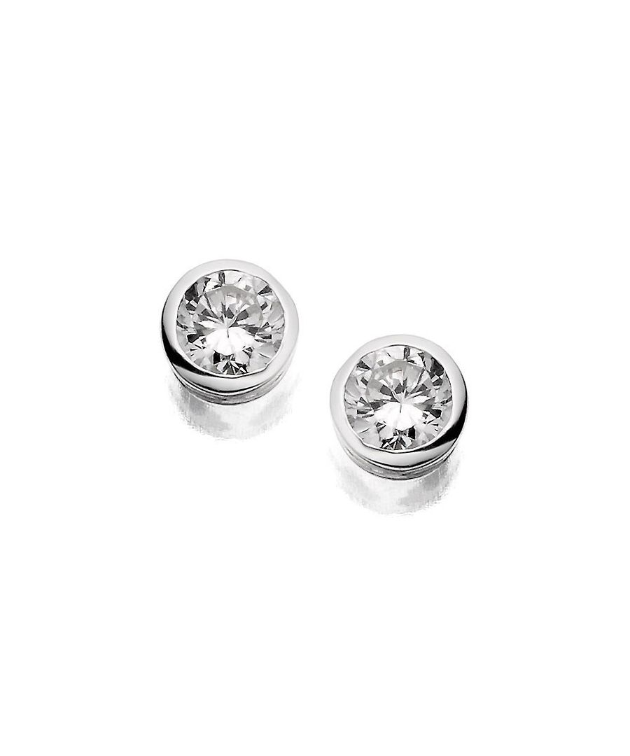 Brilliant cut, 5mm diameter, cubic zirconias in a sterling silver rubover setting.  Suitable For: Women; Metal Type: Silver; Gem Type 1: CZ