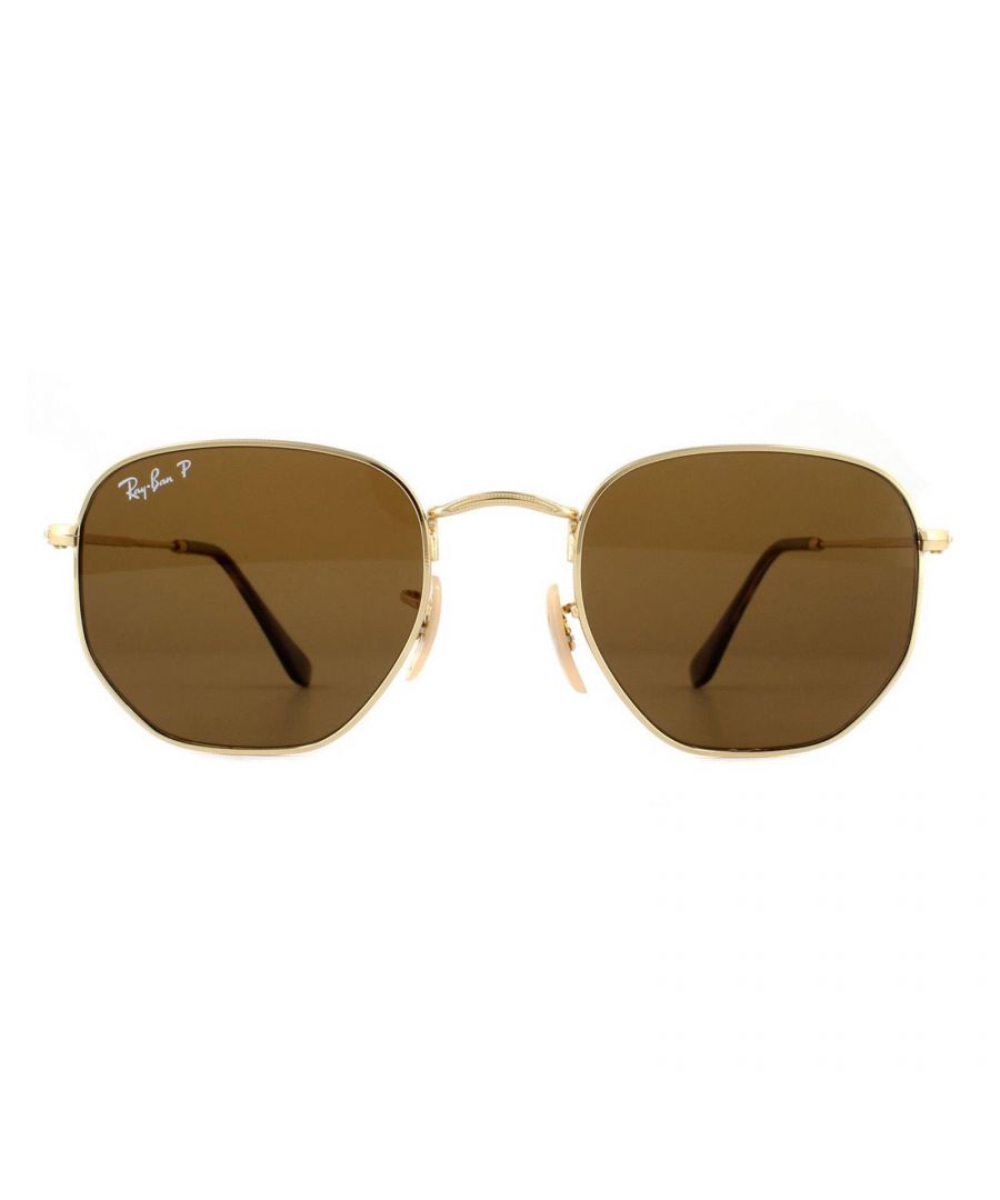 Ray-Ban Sunglasses Hexagonal 3548N 001/57 Gold Brown Polarized 51mm are a very unique hexagonal shaped frame and feature the latest flat crystal lenses for a updated version of the classic metal round sunglasses. Super thin temples and coined profile to the frame finish the modern fashionable look.
